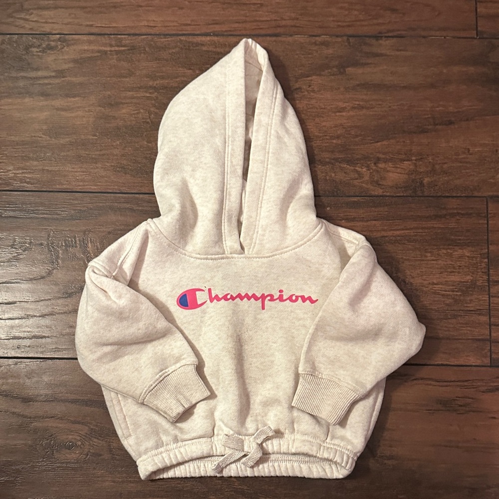 Champion Kids Hoodie - Light Beige with Pink Logo